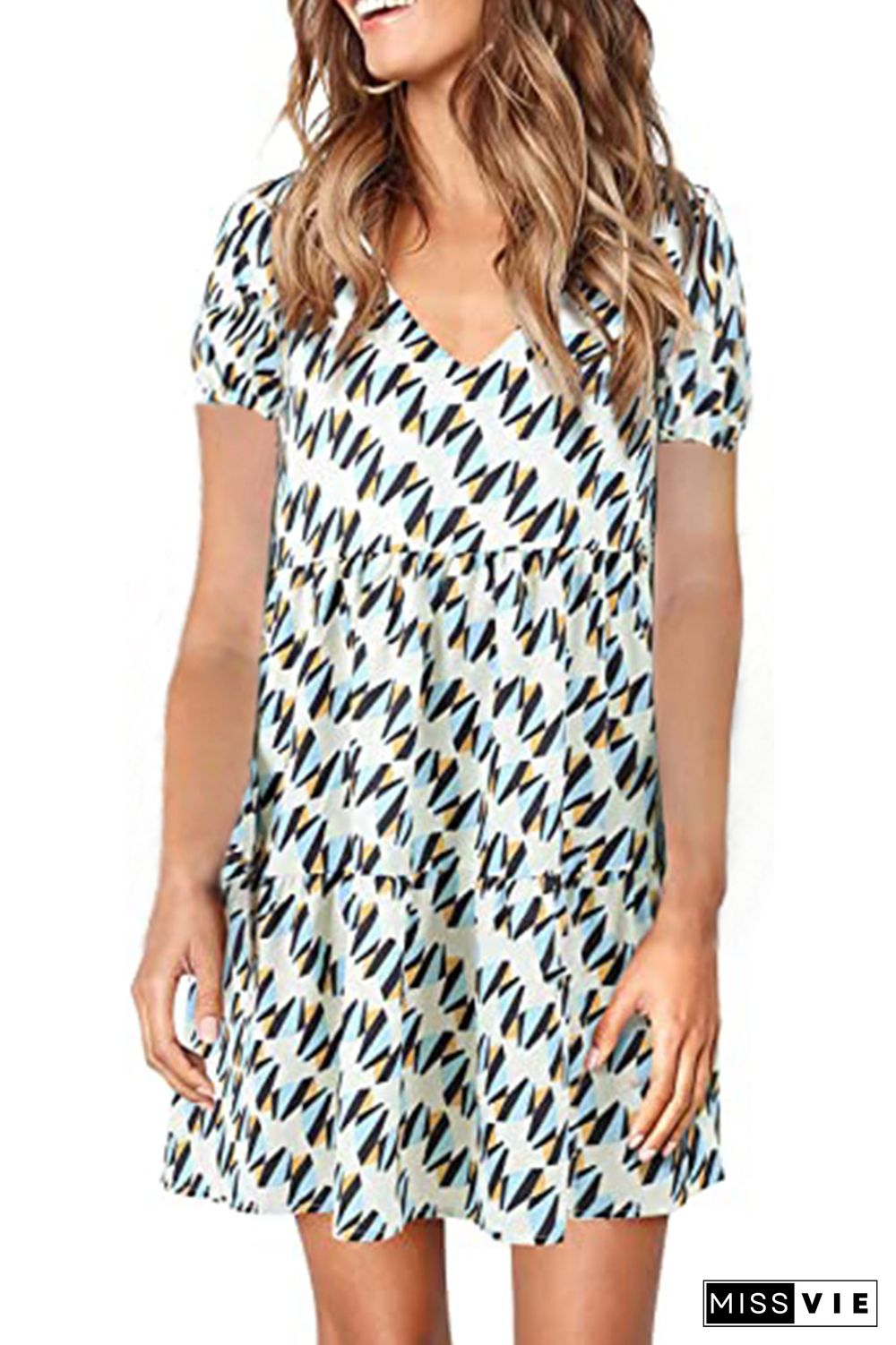 Polka Dot Print V-neck Short Sleeve Mini Dress Wholesale