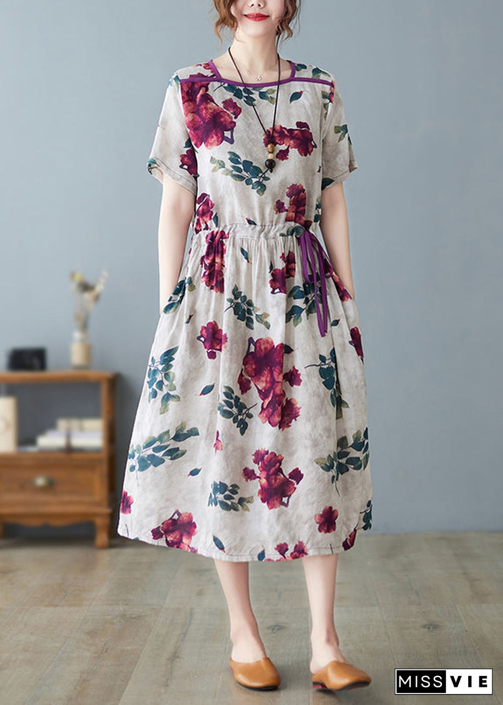 Fashion O-Neck Print Drawstring Tie Waist Long Dress Summer