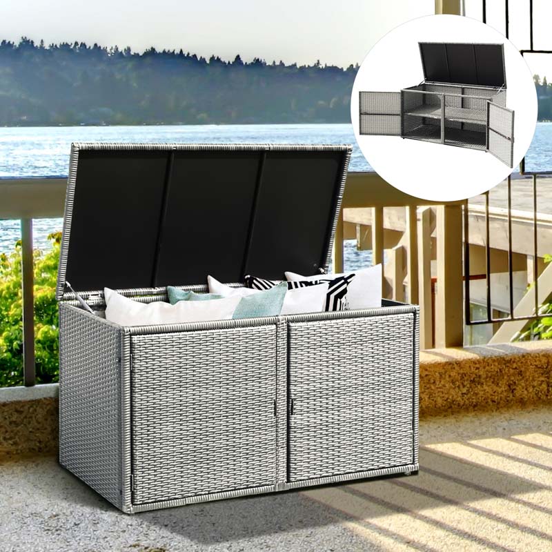 88 Gallon Patio Wicker Storage Box Rattan Deck Bench with Openable Door