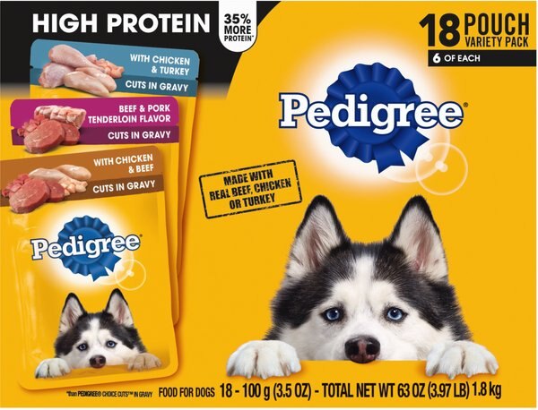 Pedigree High Protein Variety Pack Dog Wet Food Pouches， 3.5-oz pouches， 18 count