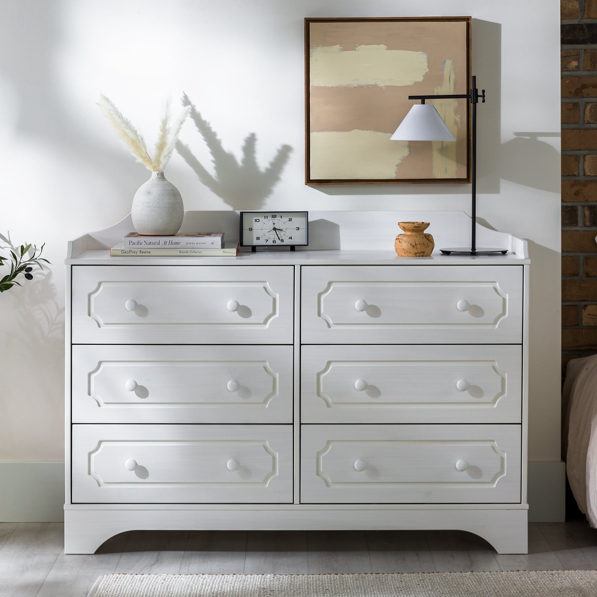 Manor Park Classic Gallery-Top Beveled 6-Drawer Dresser, White