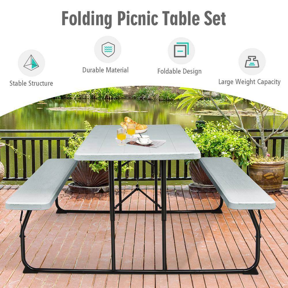 Gymax Metal Outdoor Folding Picnic Table and Bench Set for Camping BBQ with Steel Frame Grey GYM09691