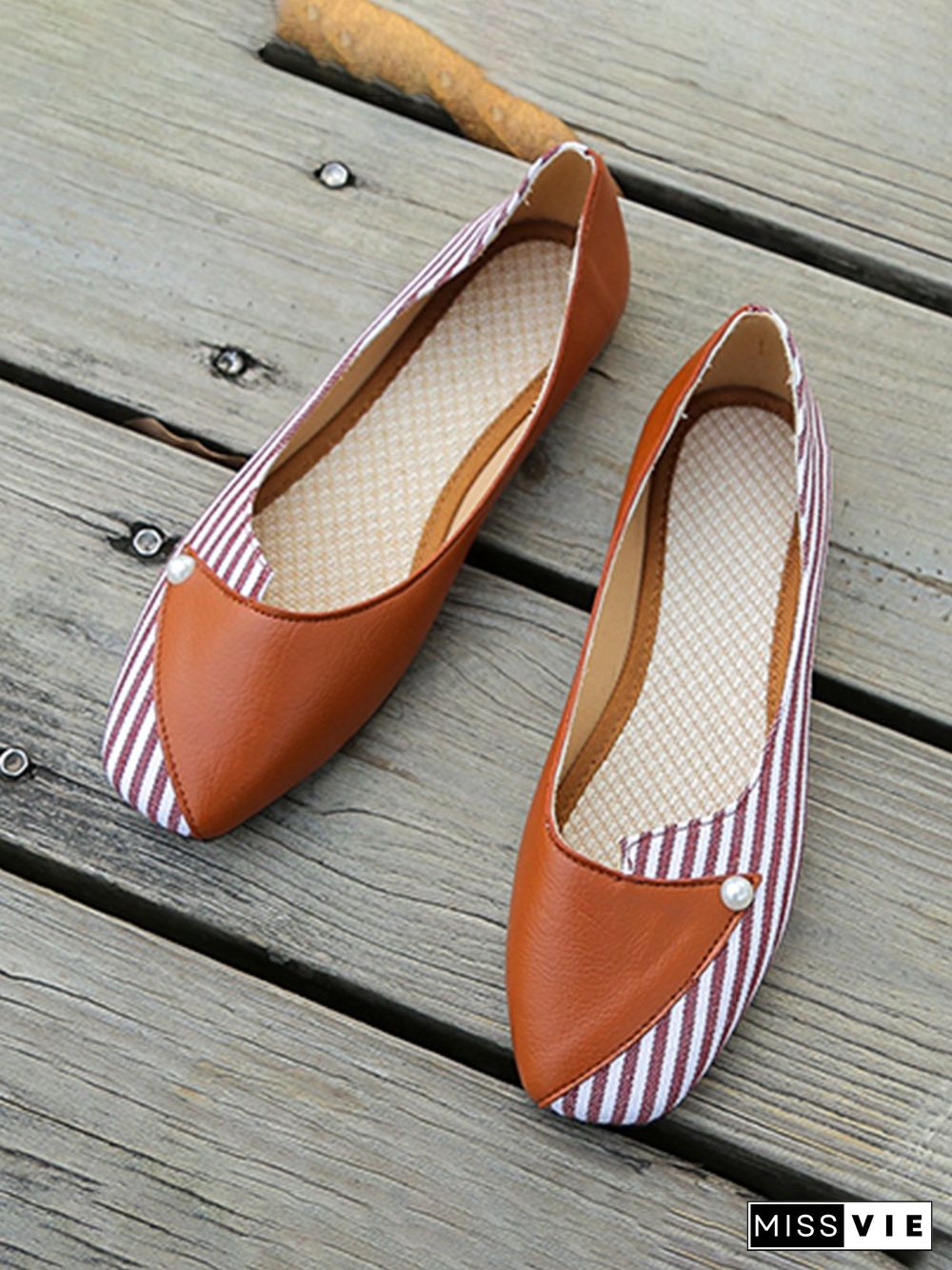 Women Striped All Season Urban Split Joint PU Pu Slip On Standard Shallow Shoes Flats