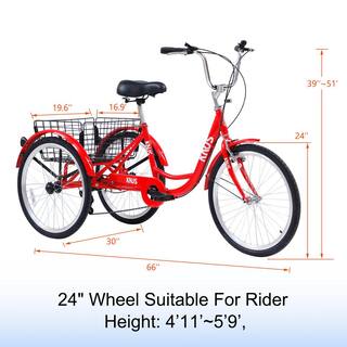 Runesay 24 in. Wheels 7 Speed Cruiser Bicycles Adult Tricycle Trikes3-Wheel Bikes with Large Shopping Basket in Red BIKECYN703