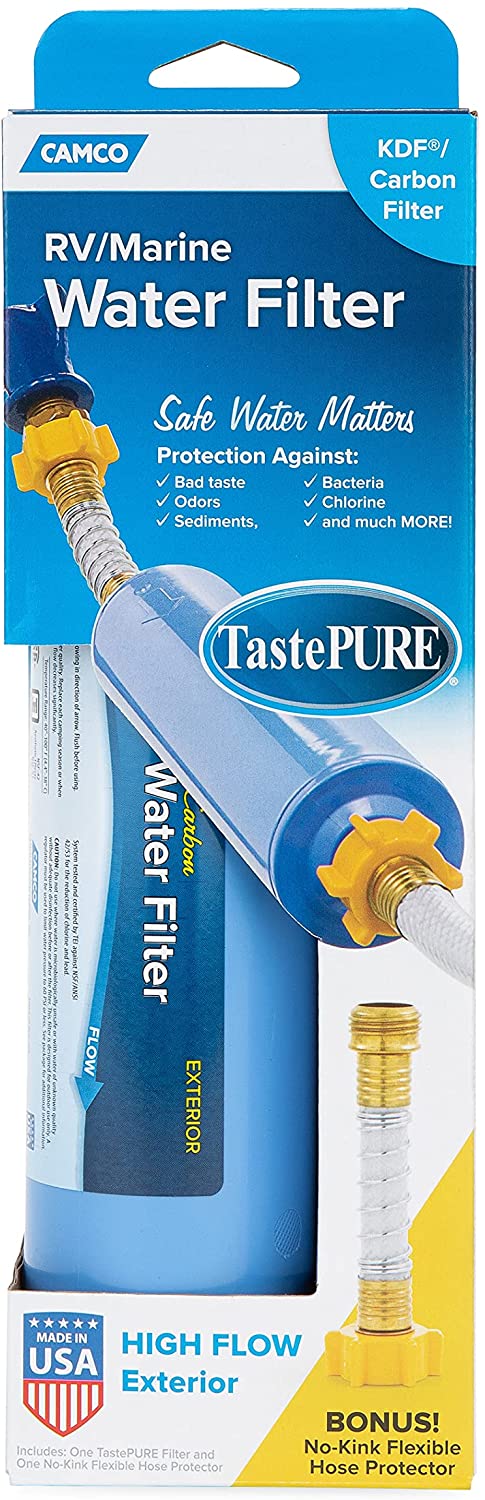 Camco TastePure RV/Marine Water Filter with Flexible Hose Protector， Chlorine and Sediment in Drinking Water (40043)