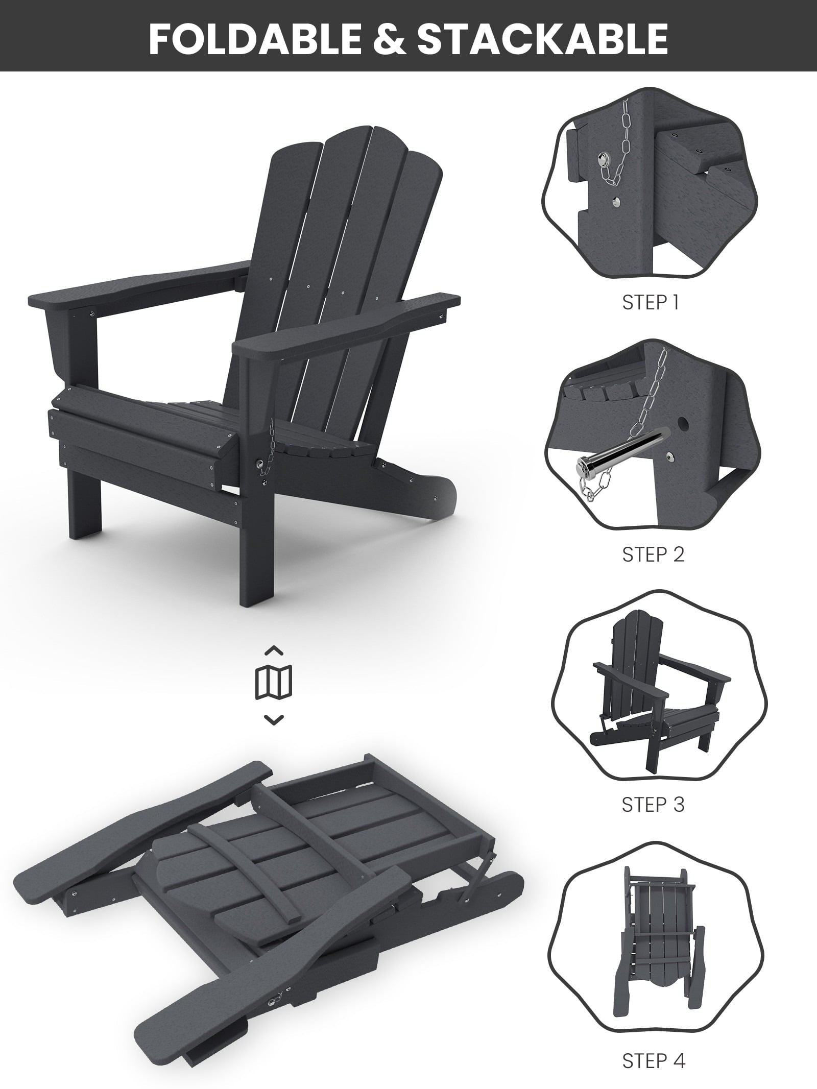 Folding Outdoor Patio Adirondack Chair for Garden, Gray