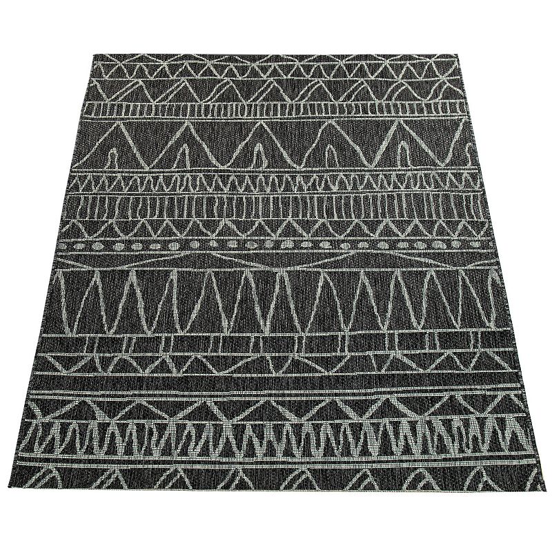 Black Grey Outdoor Rug Modern Ethnic pattern for Patio/Balcony