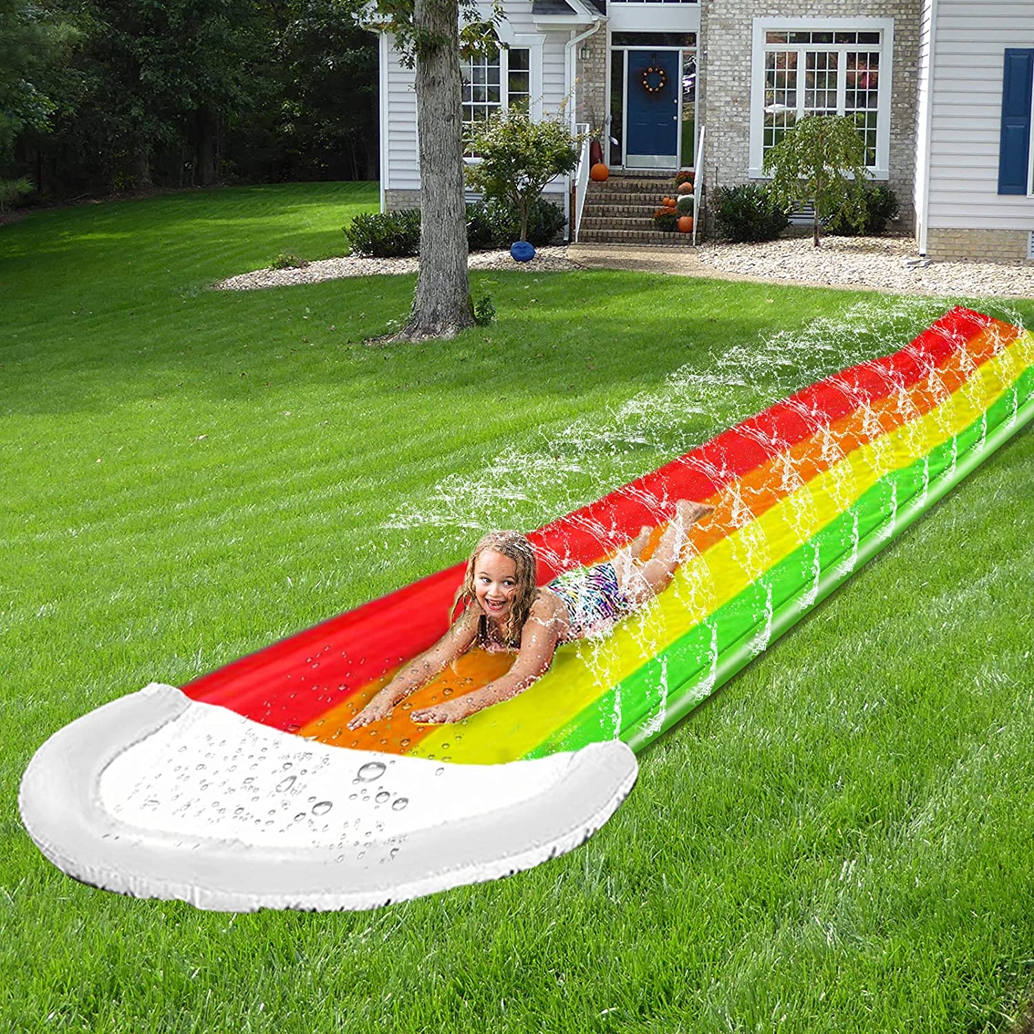 14Ft Lawn Water Slide Rainbow Silp Slide with Spraying and Inflatable Crash Pad for Children Play Center Pool Games Outdoor Pool Party Gifts for Boys Girls Sprinkler Water Toys