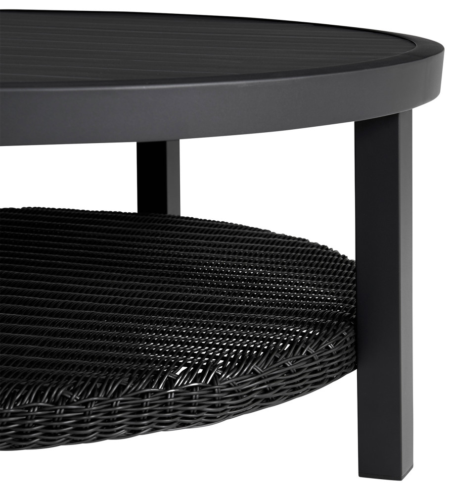 Grand Black Aluminum Outdoor Round Conversation Table with Wicker Shelf   Tropical   Outdoor Coffee Tables   by BisonOffice  Houzz