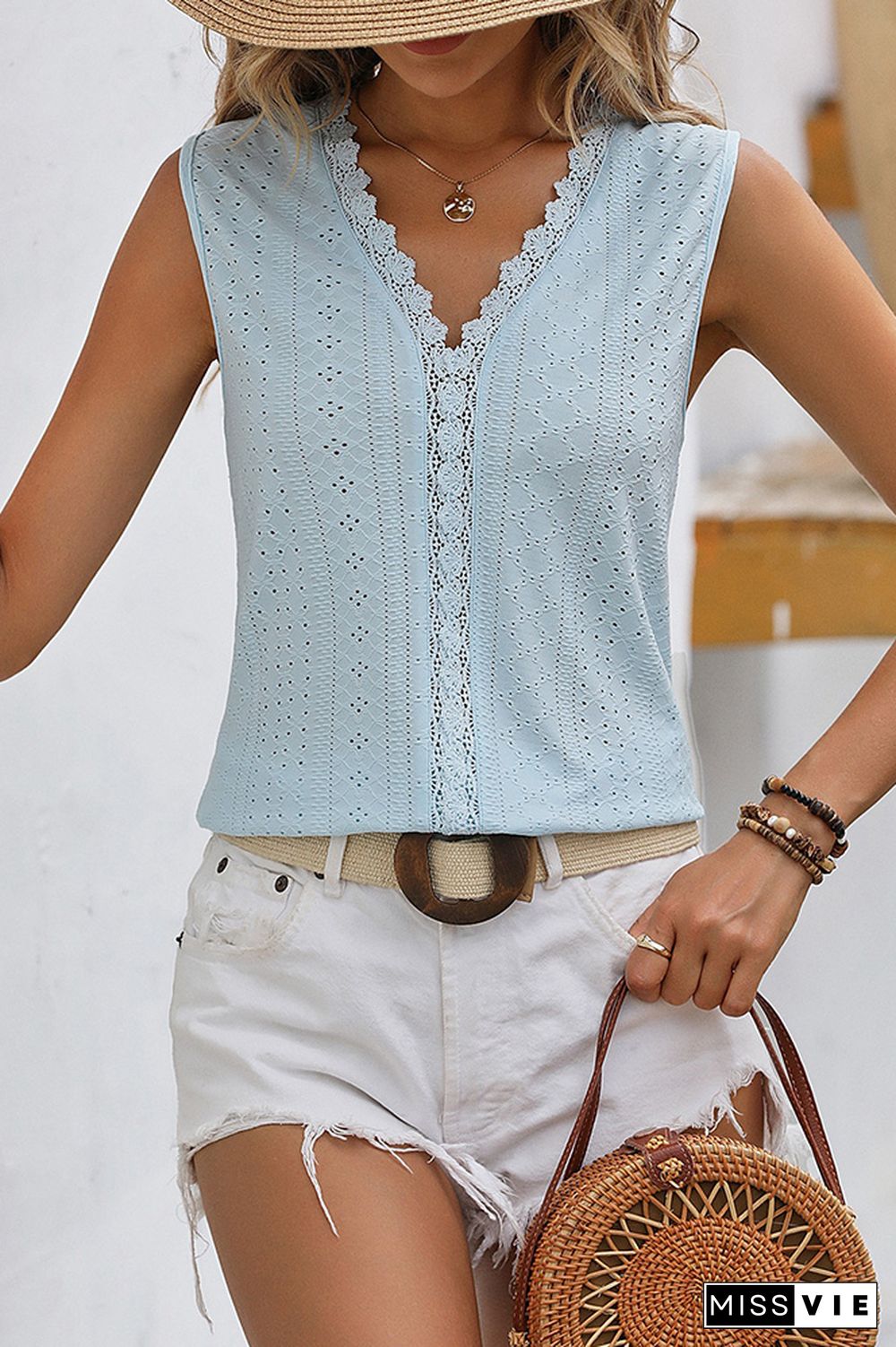 Plain V Neck Lace Edge Eyelet Pattern Tank Top