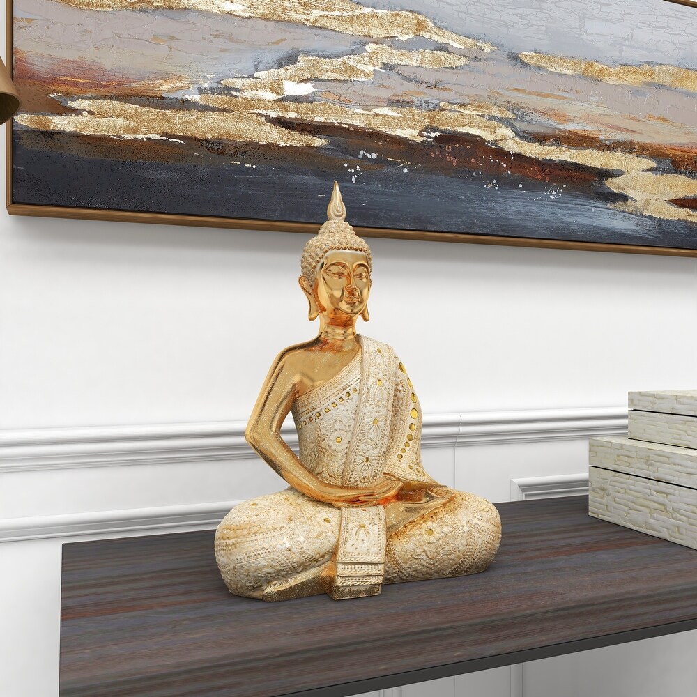 Gold Polystone Meditating Carved Buddha Sculpture with Intricate Carvings and Mirrored Embellishments   14 x 9 x 20