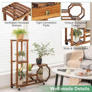 Costway 6-Tier 6 Potted Rolling Plant Stand Wooden Storage Display Shelf Rack with Wheels HZ-10N083WF