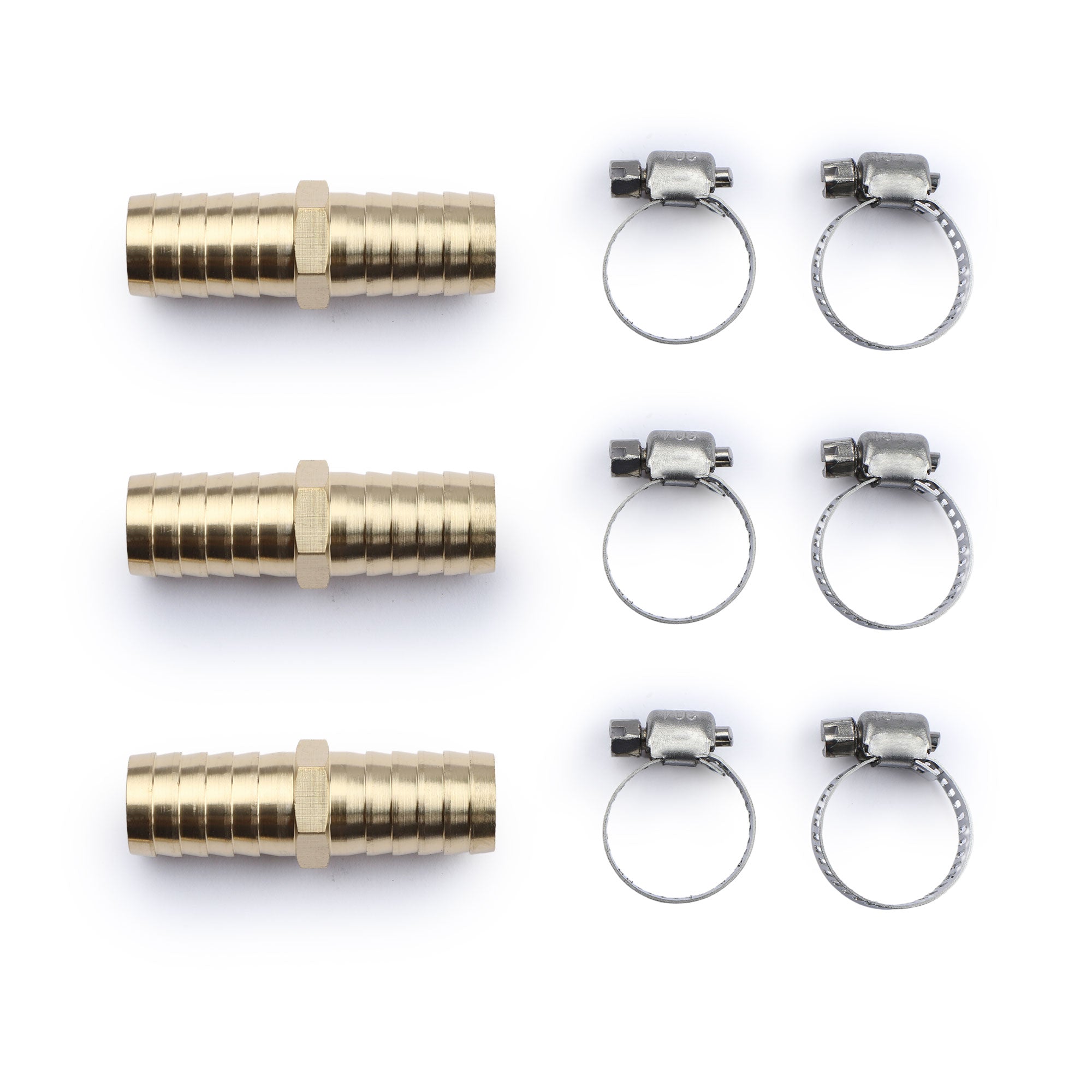 U.S. Solid Brass Hose Barbed Splicer， 3 pcs Round Equal Hose Joint， Brass Hose Fitting Connector， With 6 Clamps， 5/8