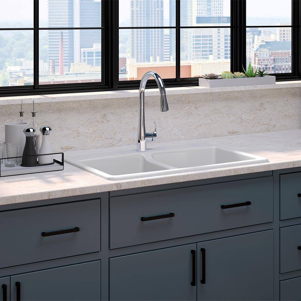 KOHLER Brookfield All-in-One Drop-In Cast Iron 33 in. Double Bowl Kitchen Sink in White with Simplice Kitchen Faucet K-596-CP-5846-1-0