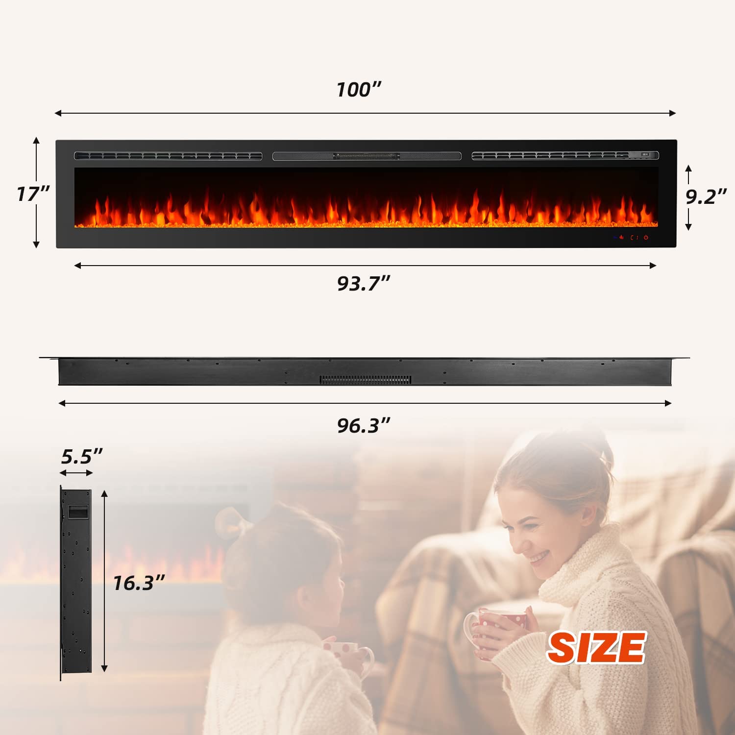 Erommy 100" Electric Fireplace, Wall Mounted and Recessed Fireplace Heater with Remote Control &Timer, 9 Color LED Flamer, Crystals Only, 750/1500W