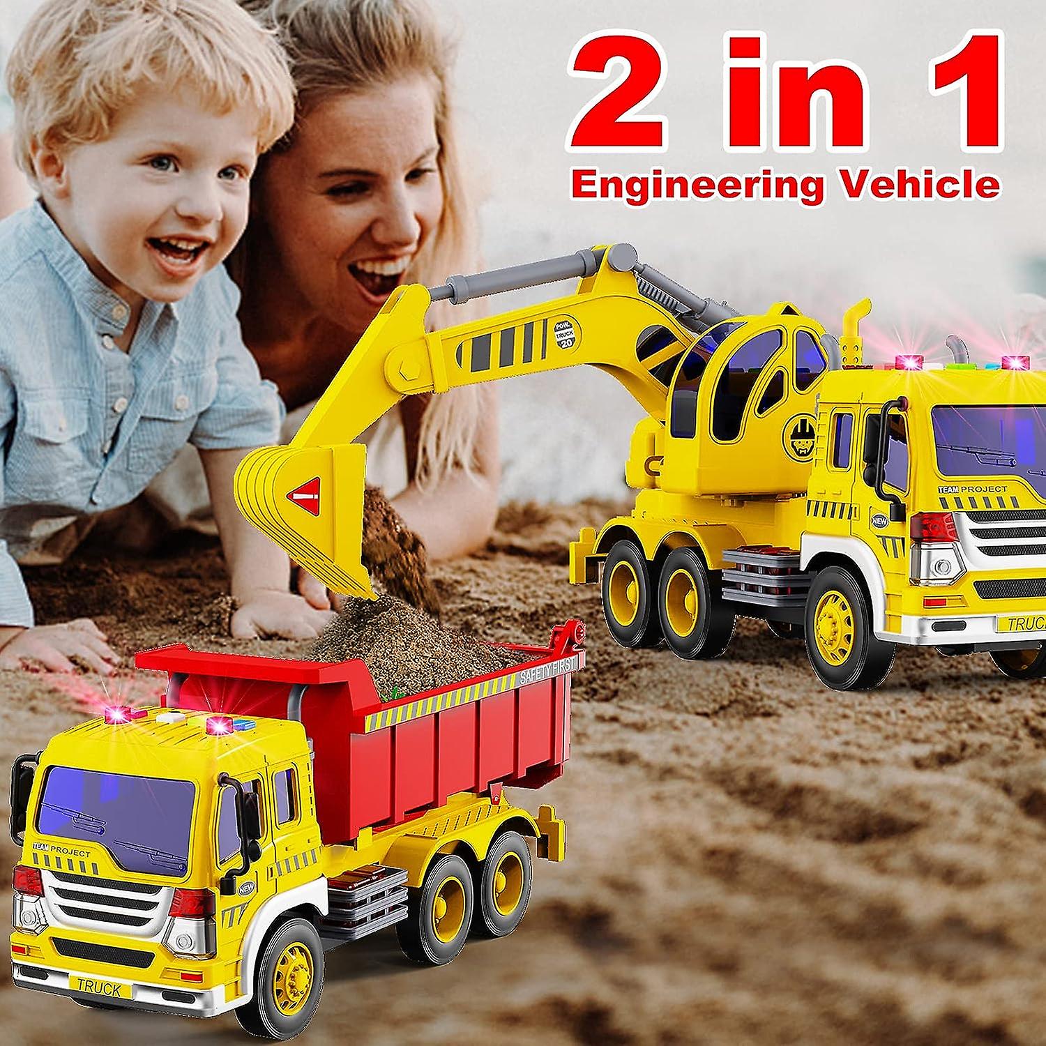 Dumper Digger Toys， 2 Pcs Construction Vehicles Toy Trucks Set With Music and Light ， Excavators Dump Truck Toys Building Educational Gift Toys For Boys