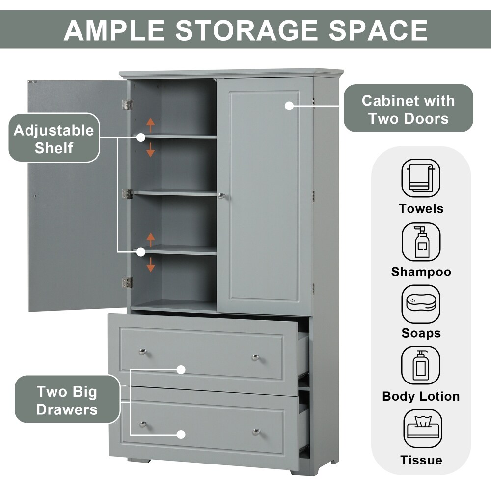 62.3'' White Tall Bathroom Storage Cabinet  Cabinet with 2 Doors and Drawers  Adjustable Shelf   62.3'' H