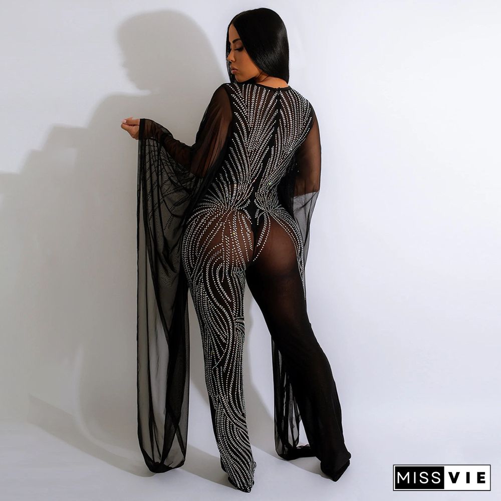 Sheer Mesh Hot Drilling Night Club Party Jumpsuit