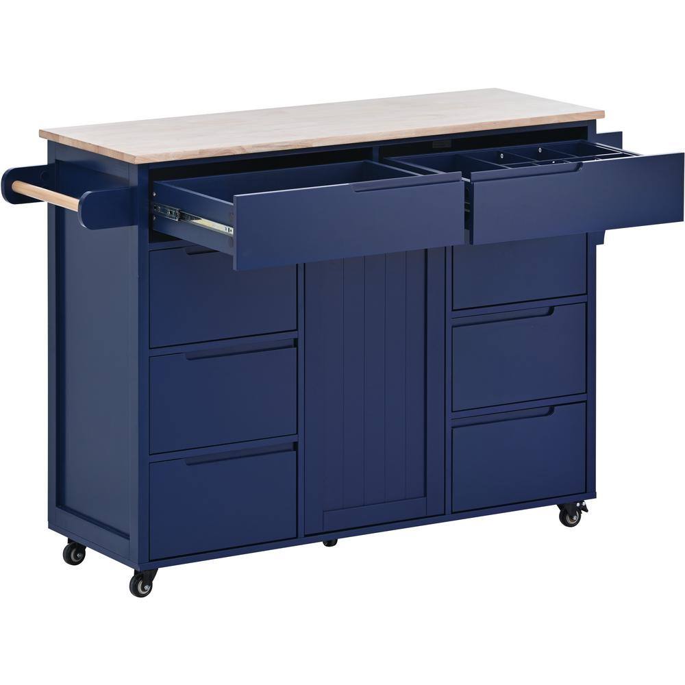 Siavonce Blue Rubber Wood 18.50 in. W Kitchen Island Cart with 8 Handle-Free Drawers Including a Flatware Organizer and 5 Wheels DJ-ZX-SK000002AAG