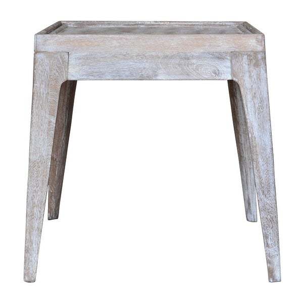 22 Inch Rustic End Table， Mango Wood， Whitewashed Weathered Finish， White