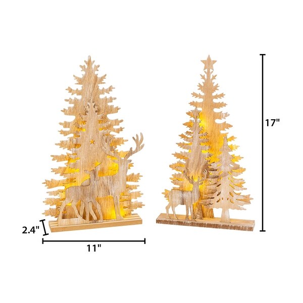 Set of 2 17.25 in Lighted Laser Cut Trees and Reindeer Tabletop Décor