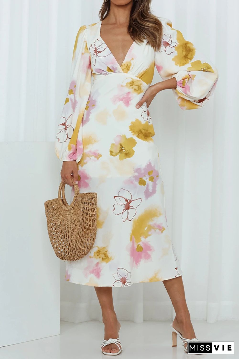 V Neck Lantern Sleeves High Waist Floral Dress