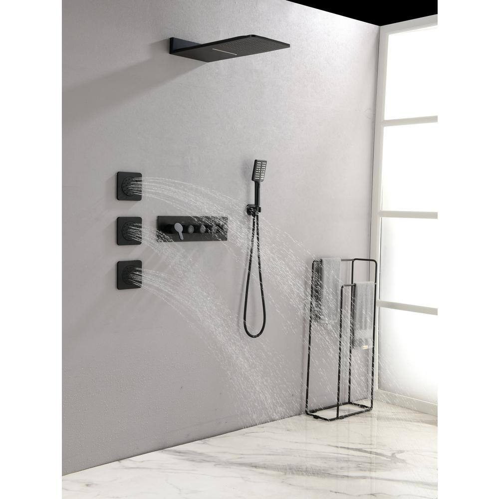 Lukvuzo Wall Mounted Waterfall Rain Shower System in Matte Black with 3 Body Sprays and Handheld Shower HDSA11FS024