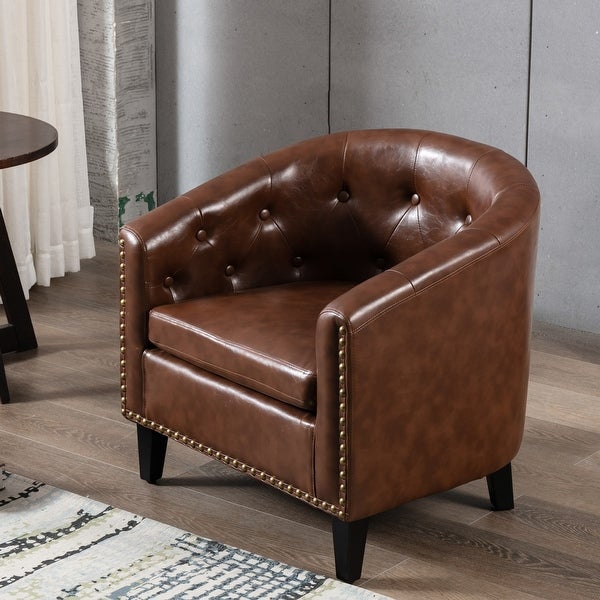 Comfortable Modern Design PU Leather Leisure Barrel Chair with Wood Legs and Nailheads