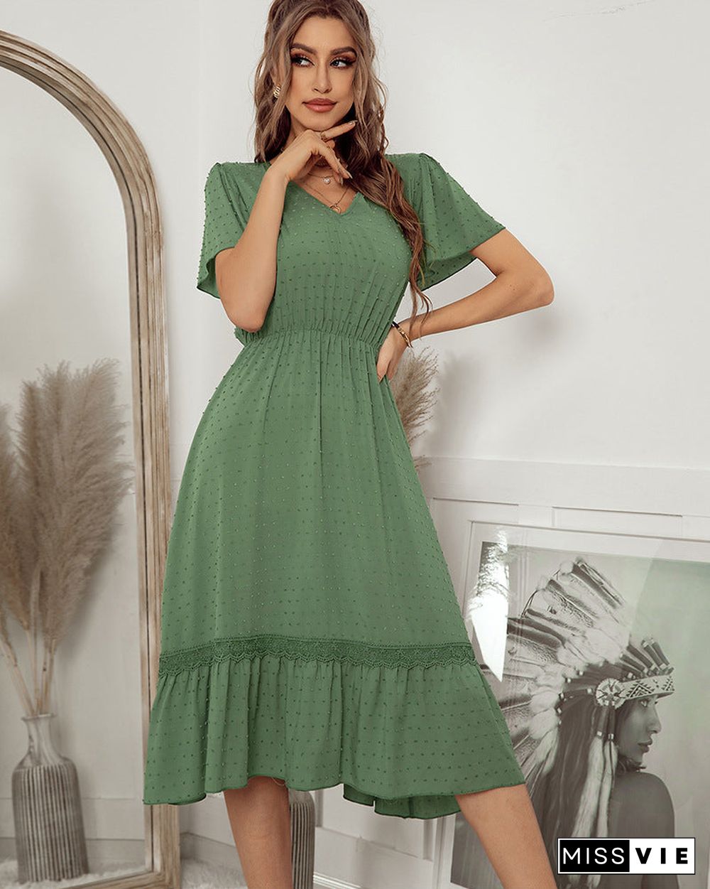 Short Sleeve V Neck Solid Color Midi Dress