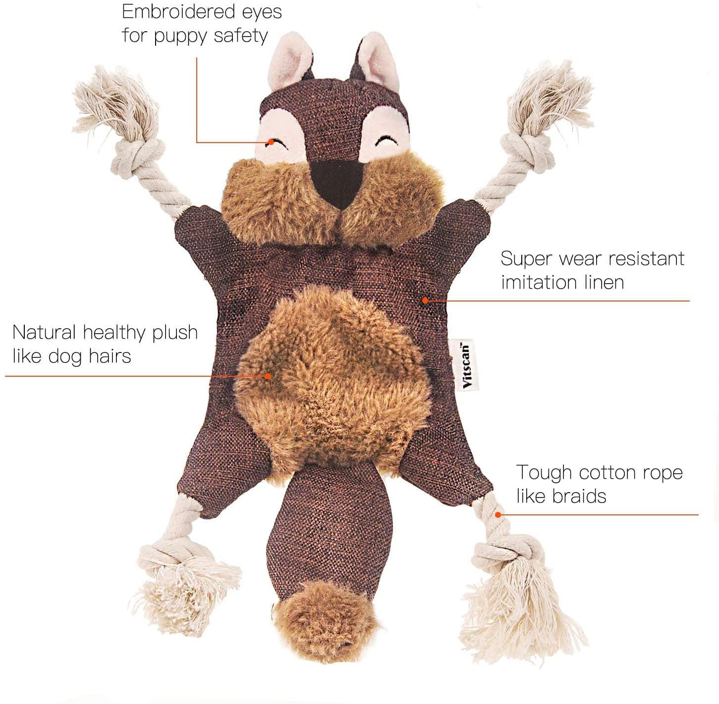 Vitscan Stuffless Dog Toys for Puppy， Crinkle Squeaky Dog Chew Toys Squirrel Plush Dog Toy with Rope Knots for Small Dogs (Squirrel) (Brown Squirrel)