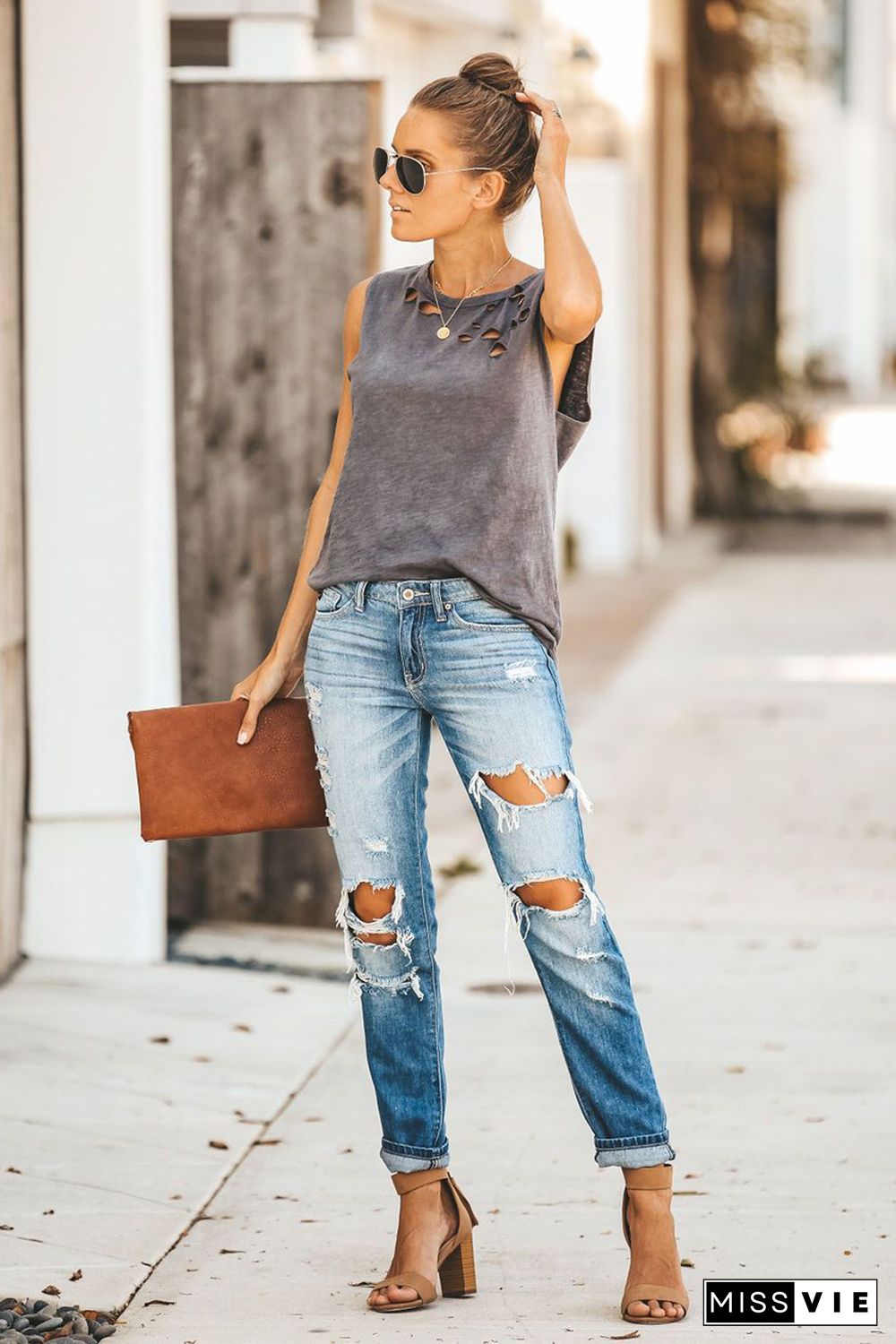 Gray Broken Hole Detail Sleeveless Crew Neck Tank Top