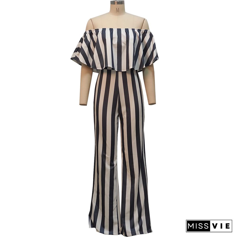 Striped Off Shoulder Wide Leg Jumpsuits