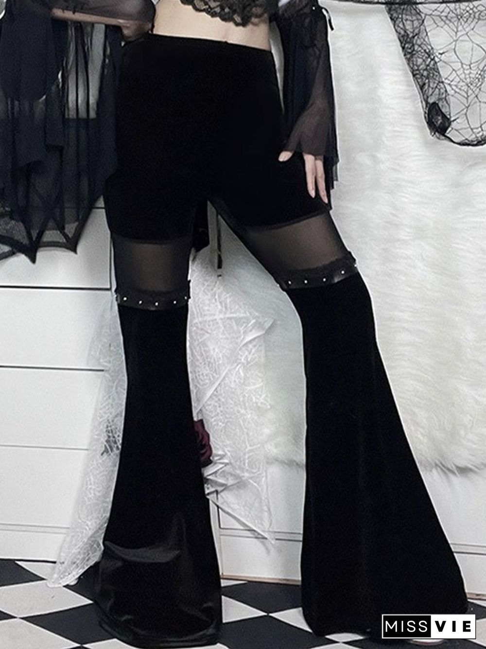 Mesh Paneled Velvet Flare Leg Pants