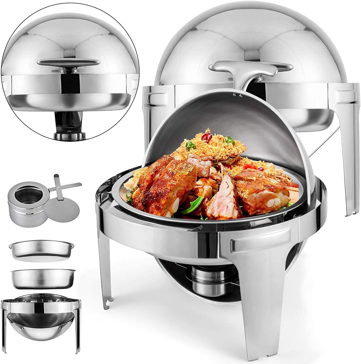 VEVOR 2 Packs Stainless Steel Chafing Dish 6 Quart Round Chafer Roll Top Chafer for Catering Buffet Warmer Set with Pans and Fuel Holders