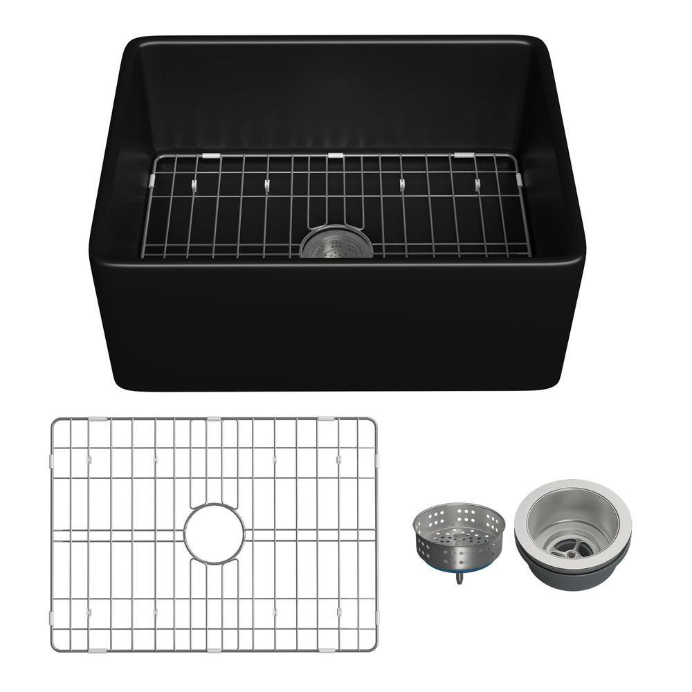 Black Fireclay 24 in. Single Bowl round Corner Farmhouse Apron Kitchen Sink with Bottom Grid and Basket Strainer HKD-241810-B