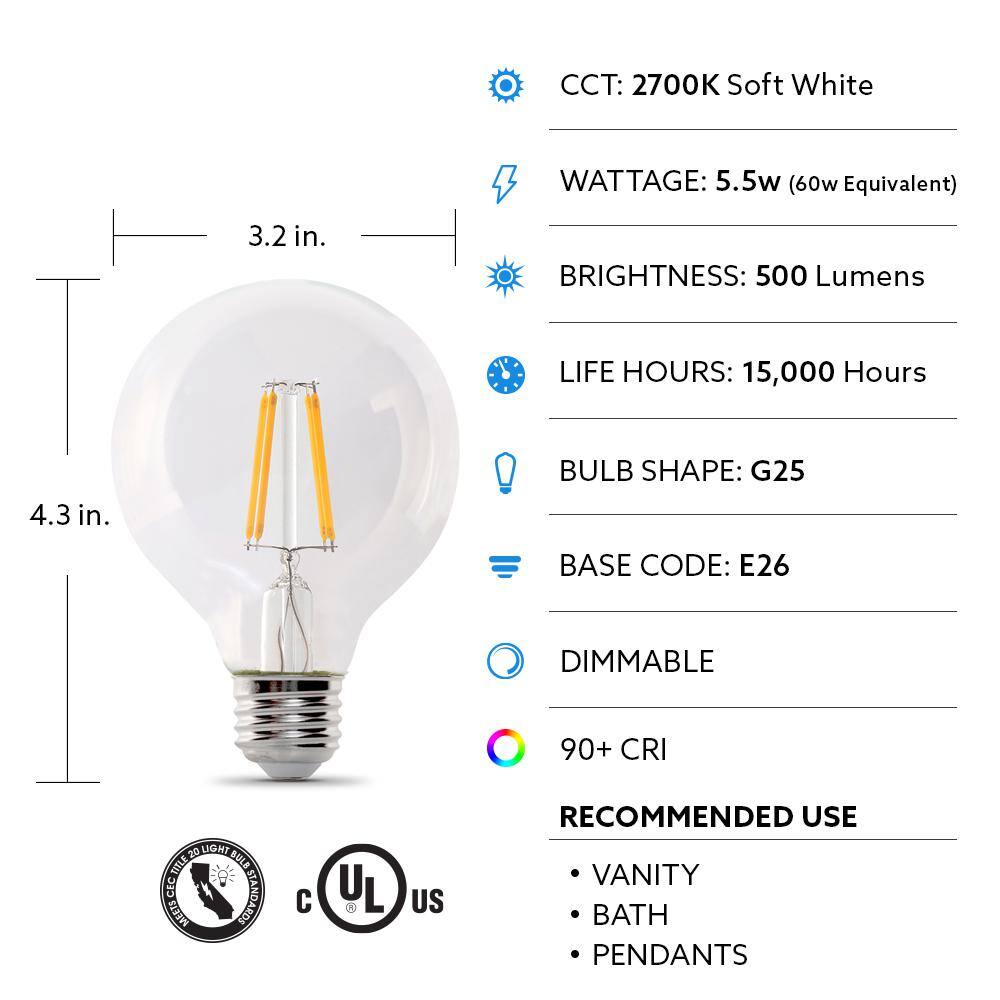 Feit Electric 60-Watt Equivalent G25 Dimmable Filament ENERGY STAR Clear Glass LED Light Bulb Soft White (3-Pack) G2560927CAFIL3RP