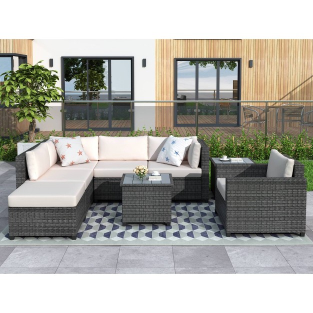 8pc Wicker Patio Conversation Set With Cushions Beige Godeer