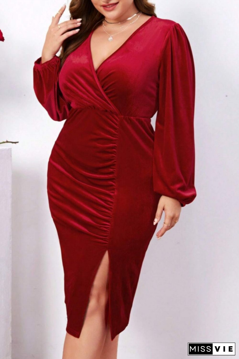 Casual Solid Slit Fold V Neck Long Sleeve Plus Size Dresses