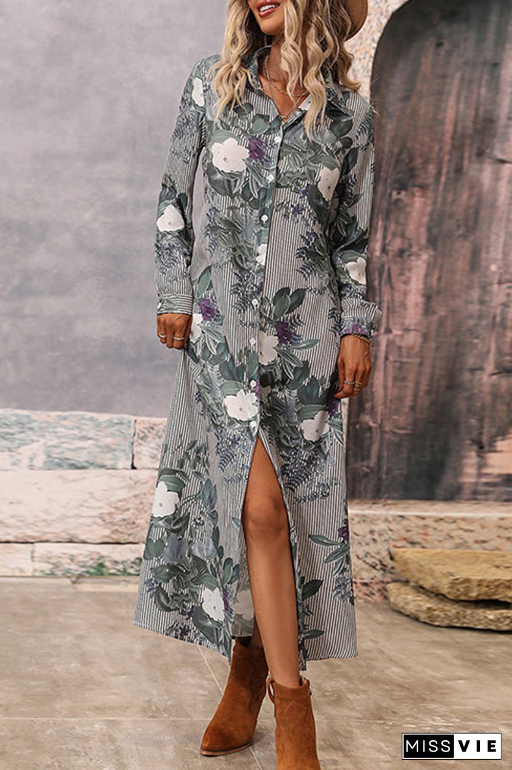 Elegant Print Contrast Turndown Collar Shirt Dress Dresses