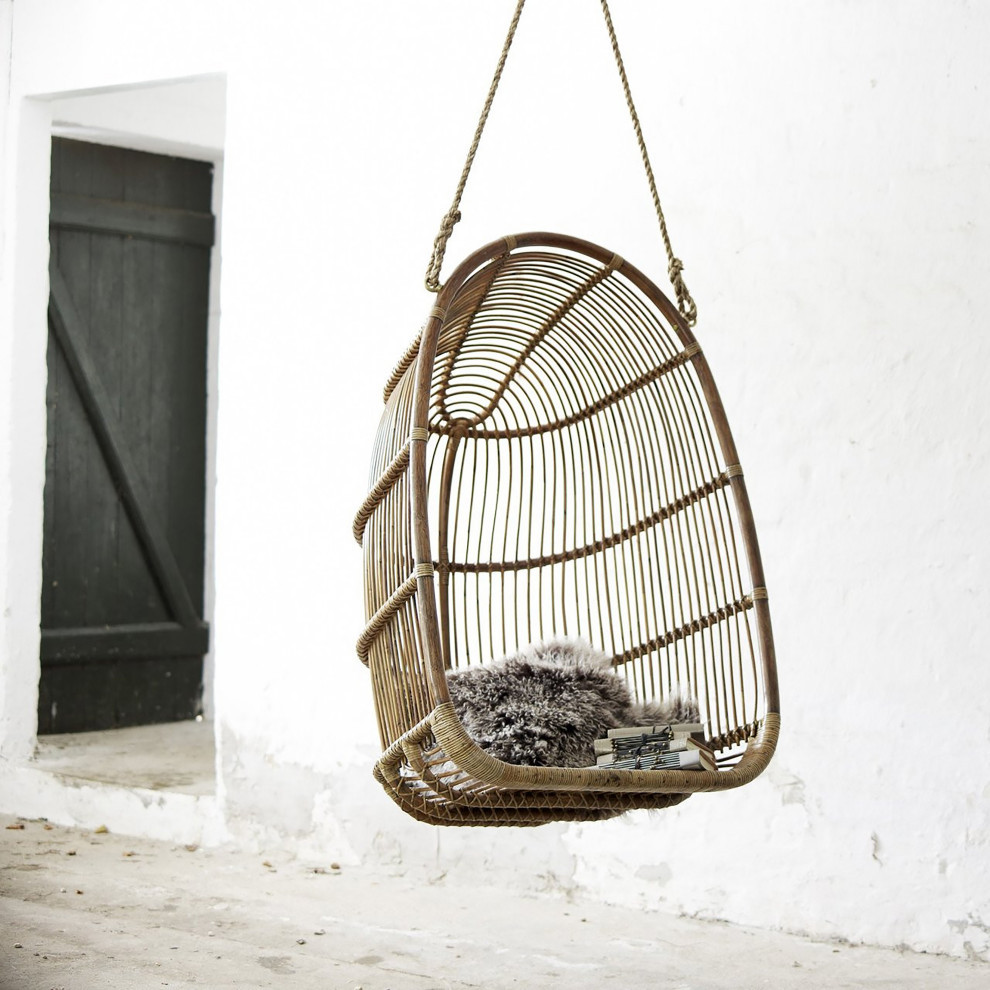 Renoir Rattan Hanging Swing Chair Antique  Sunbrella Sailcloth Seagull Cushion   Midcentury   Hanging Chairs   by Sika Design  Houzz