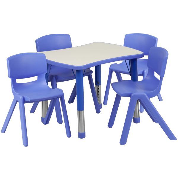 Flash Furniture 21.875''W x 26.625''L Adjustable Rectangular Blue Plastic Activity Table Set with 4 School Stack Chairs