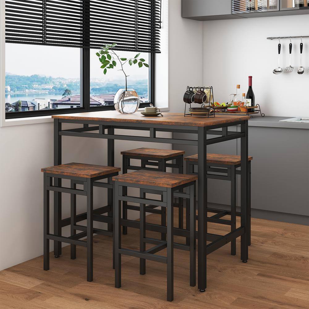 YOFE 5-Piece Rustic Brown Particle Board Top Dining Table Set (Seats 4) Kitchen Counter Height Table Chair Set with 4-Stools CamyBN-GI40680W1162-Dset01