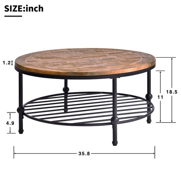 Round Console Table with a Storage Shelf and Solid Iron Support Base， Classic Rustic Coffee Table for Living Room， Easy Assembly