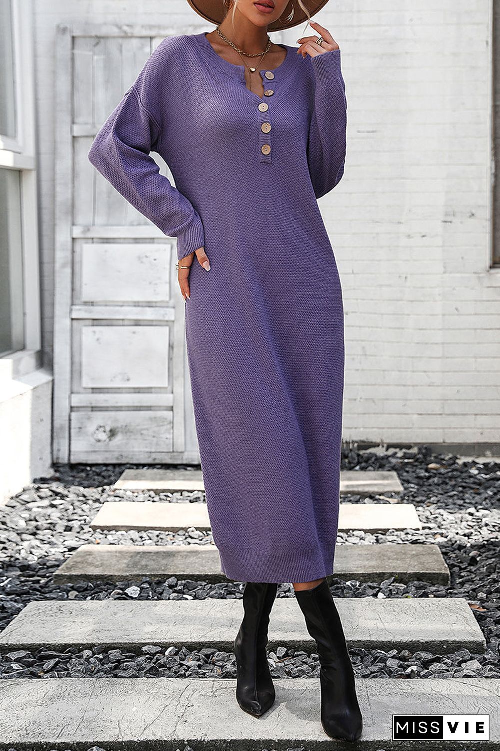 Elegant Solid Buckle O Neck Long Sleeve Dresses