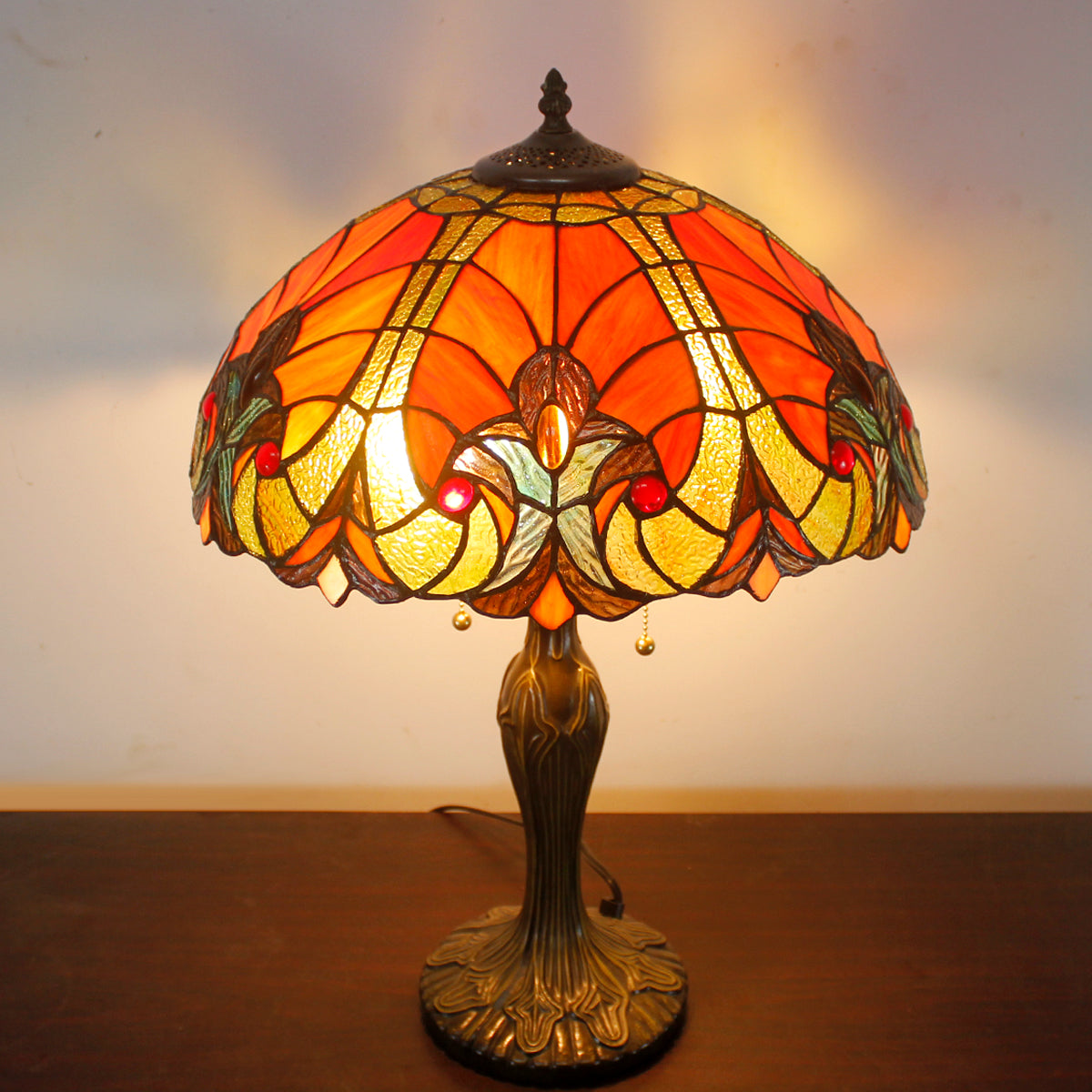 Tiffany Table Lamp Red Liaison Stained Glass Style Shade Metal Base 24" Tall Large Bedside Desk Light Living Room Bedroom Country Farmhouse Luxurious Memory Lamp Sympathy LED Bulb Included