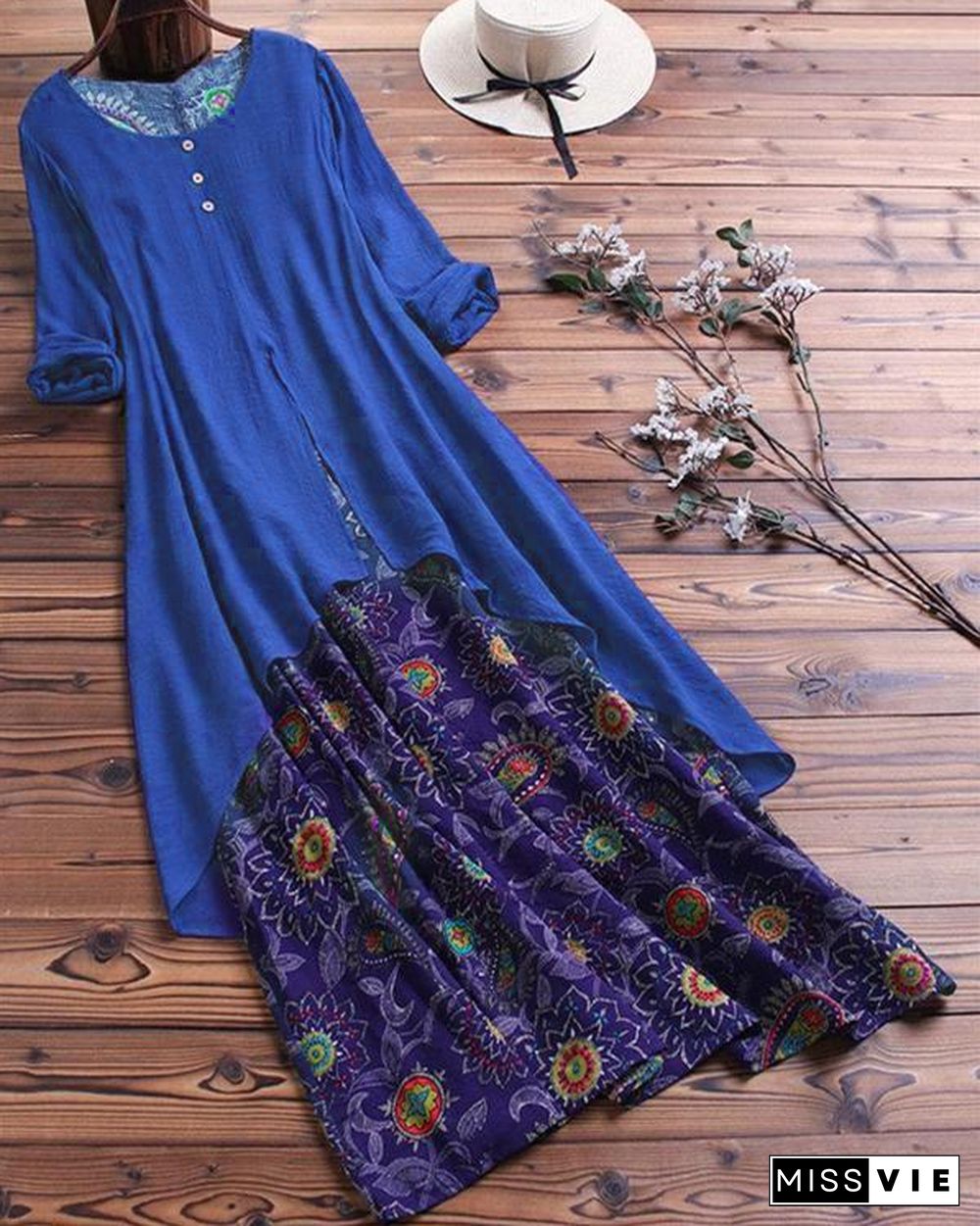 Vintage Printed Long Sleeve Crew Neck Patchwork Maxi Dresses