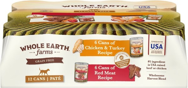 Whole Earth Farms Chicken and Turkey and Red Meat Recipes Grain-Free Variety Pack Wet Dog Food， 12.7-oz can， case of 12