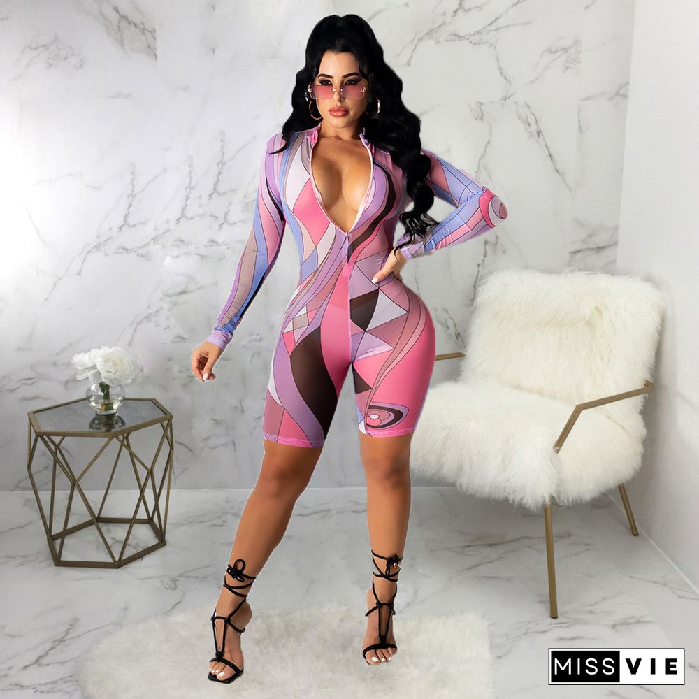 Summer Women Sexy Geometric Printed Mesh Long Sleeve Front Zipper Club Party Bodycon Rompers