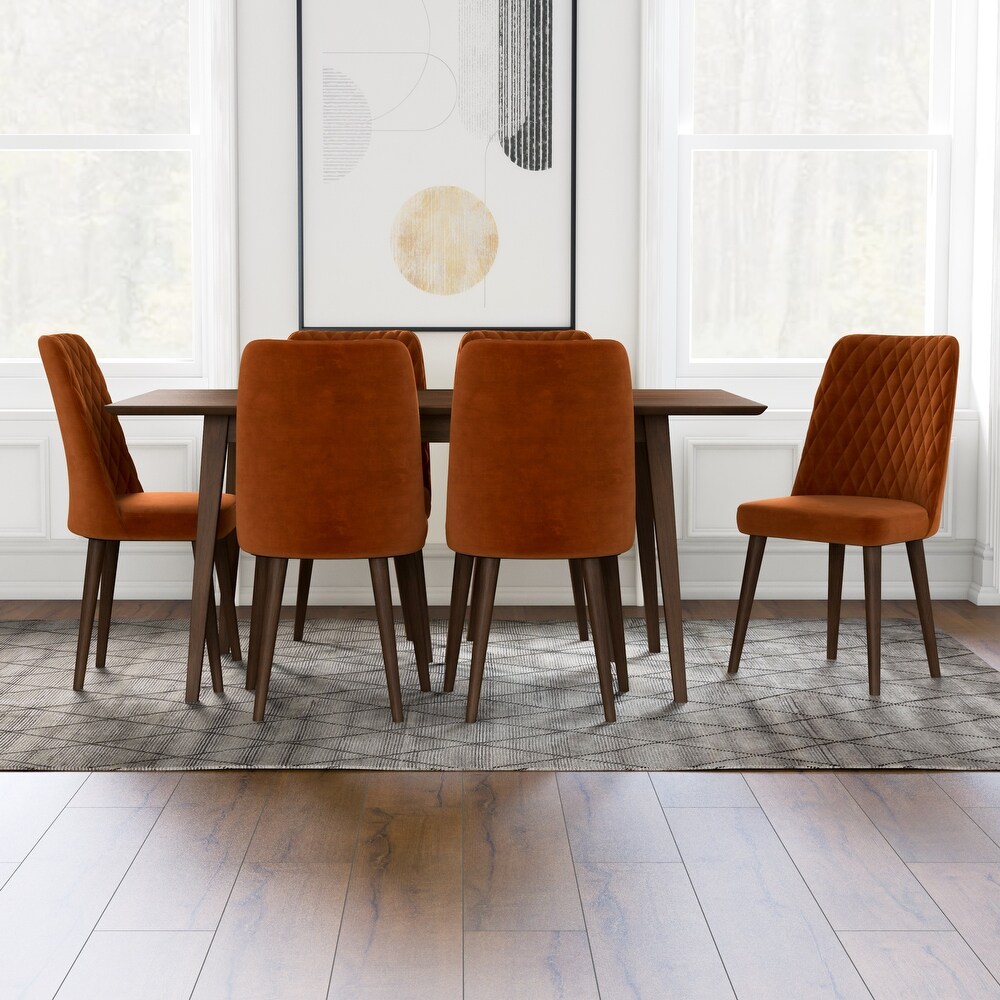 Artemsis 7 Piece Mid Century Dining Set w/6 Velvet Dining Chairs in Burnt Orange