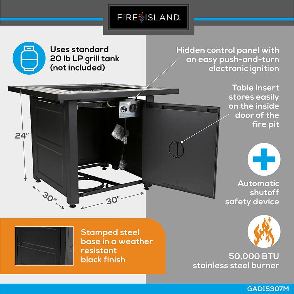 FIRE ISLAND 30 in W x 246 in H Square Steel Propane Black Slate Fire Pit with Stamped Steel Black Base and 50000 BTU Burner